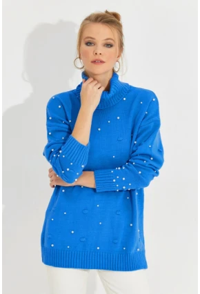 Kadın Mavi Balıkçı Yaka İncili Triko Kazak MSS129
