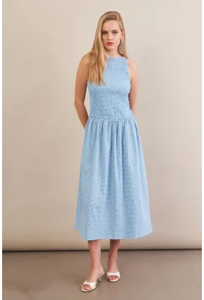 Kadın Mavi Beli Lastikli Gipeli Midi Elbise ZH130