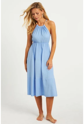 Kadın Mavi Boncuk Detaylı Bürümcük Midi Elbise HO52