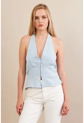 Kadın Mavi Boyun Bağlamalı Keten Yelek FS129