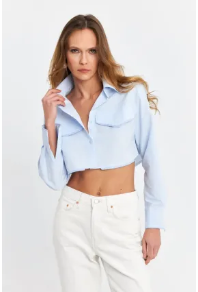 Kadın Mavi Cep Detaylı Crop Gömlek KED4205
