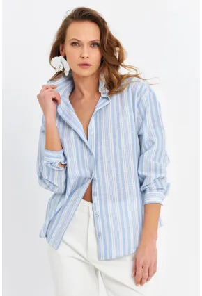 Kadın Mavi Çizgili Keten Gömlek ROP102