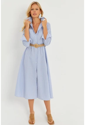 Kadın Mavi Çizgili Midi Gömlek Elbise PP5515