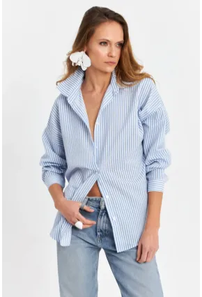 Kadın Mavi Çizgili Oversize Gömlek ZER420