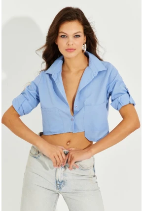 Kadın Mavi Crop Cepli Gömlek TD153
