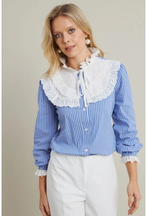 Kadın Mavi Dantel Detaylı Çizgili Gömlek MQS5074