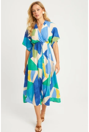 Kadın Mavi Desenli Kruvaze Midi Elbise HT108