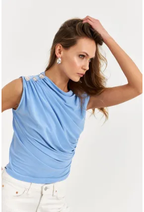 Kadın Mavi Düğme Detaylı Büzgülü Bluz LPP1205-1