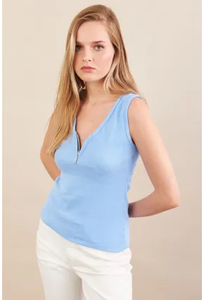 Kadın Mavi Fermuarlı Kaşkorse Bluz EY3106