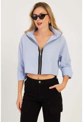 Kadın Mavi Fermuarlı Kısa Gömlek SF2541