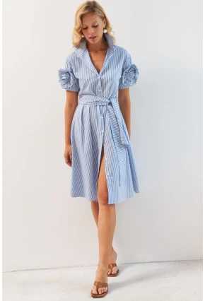 Kadın Mavi Gül Detaylı Midi Gömlek Elbise SF12812