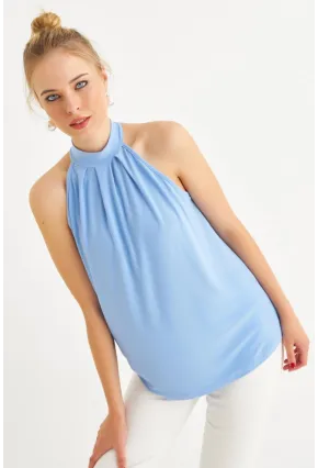 Kadın Mavi Halter Yaka Desenli Bluz LPP1273