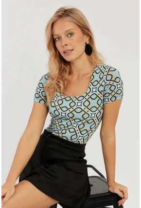 Kadın Mavi Kare Yaka Desenli Bluz LPP1258