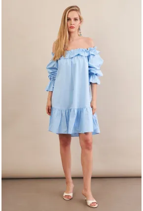 Kadın Mavi Madonna Yaka Midi Elbise PSG1012