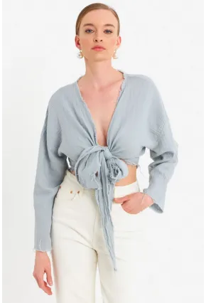 Kadın Mavi Müslin Crop Bluz PC20700
