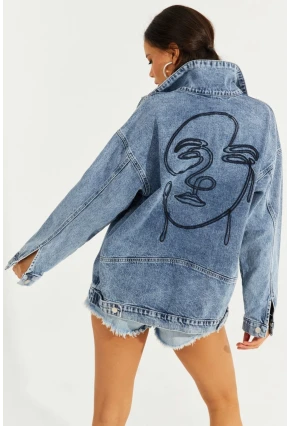 Kadın Mavi Nakışlı Kot Ceket İS801