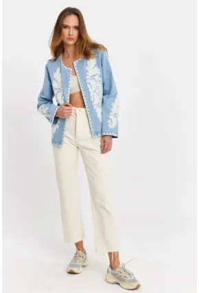 Kadın Mavi Nakışlı Mevsimlik Denim Premium Ceket QS5583