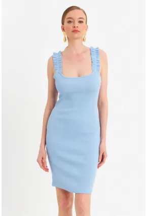 Kadın Mavi Omuz Bantlı Kaşkorse Mini Elbise URO203