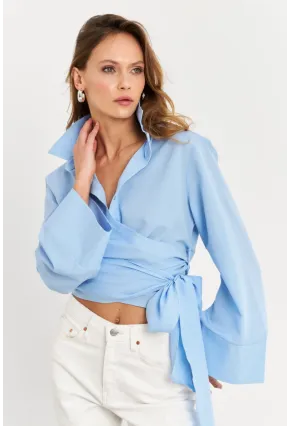 Kadın Mavi Önü Bağlamalı İspanyol Kol Gömlek MON142