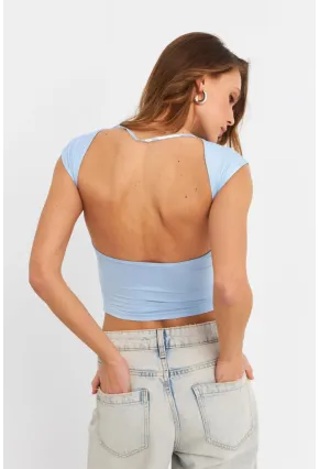 Kadın Mavi Sırtı Açık Crop Bluz ZH083