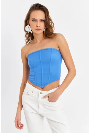 Kadın Mavi Straplez Crop Bluz B6081