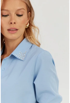 Kadın Mavi Taş Detaylı Gömlek ZER402