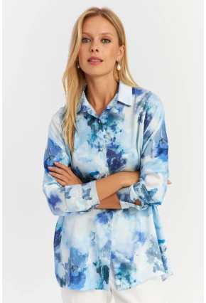 Kadın Mavi Taş Düğmeli Desenli Gömlek MLVF9