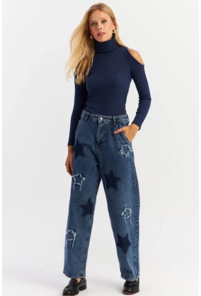 Kadın Mavi Yamalı Jean Pantolon AUR1