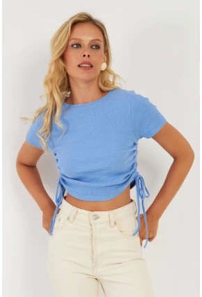 Kadın Mavi Yanları Büzgülü Kaşkorse Bluz AYD355