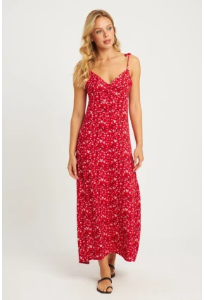 Kadın Mercan İp Askılı Çiçekli Midi Elbise GÇ172