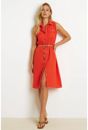 Kadın Mercan Kemerli Gömlek Midi Elbise SGT404