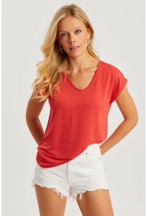 Kadın Mercan V Yaka Simli Bluz RX436