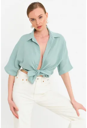 Kadın Mint Bağlamalı Keten Bluz BTH16