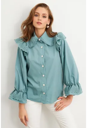 Kadın Mint Bebe Yaka Dantelli Gömlek MQS1839