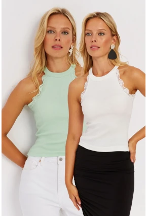 Kadın Mint-Beyaz Halter Yaka Dantelli Bluz MK08