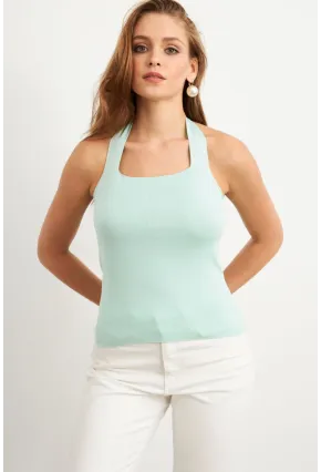 Kadın Mint Boyundan Bağlamalı Triko Bluz YV356