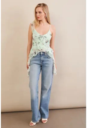 Kadın Mint Desenli Fırfırlı Şifon Bluz FS033