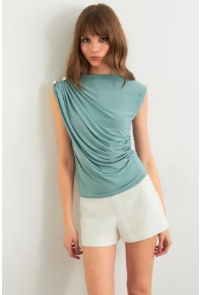 Kadın Mint Düğme Detaylı Büzgülü Bluz LPP1205-1
