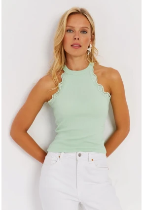 Kadın Mint Halter Yaka Dantelli Bluz MK04