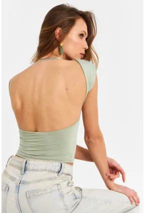 Kadın Mint Sırtı Açık Crop Bluz ZH083