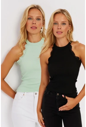 Kadın Mint-Siyah Halter Yaka Dantelli Bluz MK08