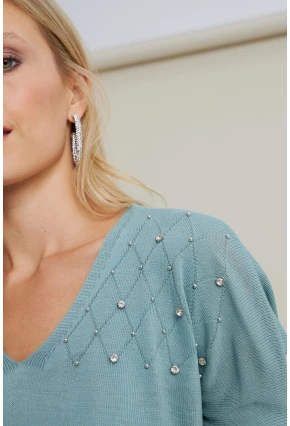 Kadın Mint V Yaka Taşlı İnce Triko Bluz MYİL002