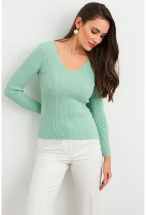 Kadın Mint V Yaka Triko Bluz YV284