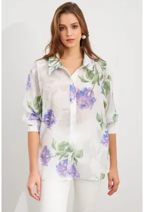 Kadın Mor Çiçek Desenli İnce Keten Gömlek MCAR1068
