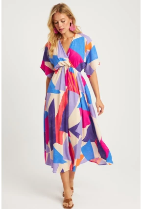 Kadın Multi Desenli Kruvaze Midi Elbise HT108