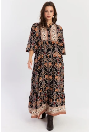 Kadın Multi Etnik Desenli Maxi Dokuma Elbise ALO228