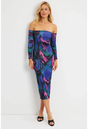 Kadın Multi Madonna Yaka Desenli Midi Elbise DMR278