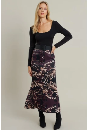 Kadın Mürdüm Desenli Saten Etek CAR1060