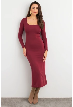 Kadın Mürdüm Kare Yaka Midi Elbise XC8102