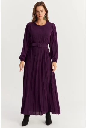 Kadın Mürdüm Kemerli Plili Maxi Elbise ALZ500
